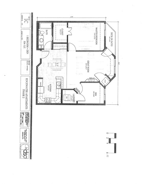 Floor plan for 1 bed, 1 bath, 954 sqft